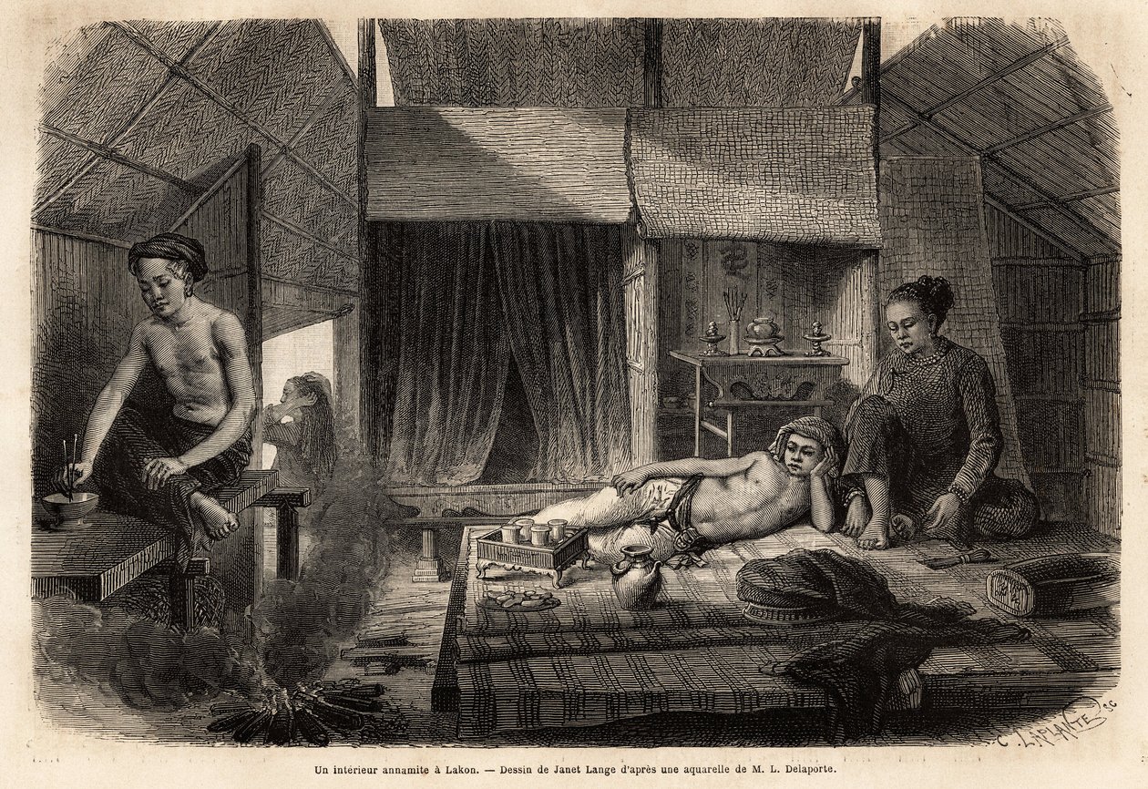En Annamitisk interiör i Lakon (Laos). Gravyr för att illustrera upptäcktsfärden i Indokina, av Francis Garnier, löjtnant de Vaissseau, 1866-1868, publicerad i "" Le tour du monde""" 1870-1871, redigerad av Edouard Charton, upplaga Hachette, Pa av Unknown artist