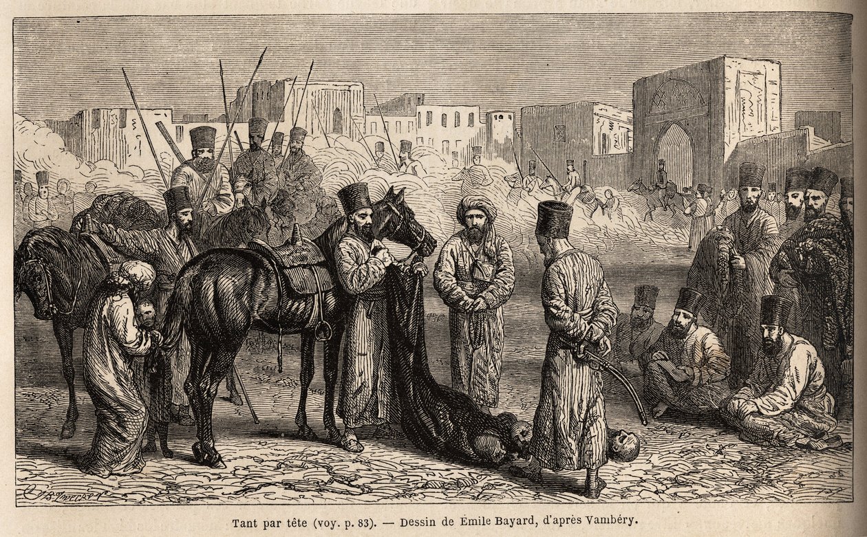 En revisor för Khan, tar emot huvuden av fiender och gisslan, kvinnor och barn bundna till svansen av hästar. Teckning av Emile Bayard (1837-1891), för att illustrera resan till Centralasien, 1863, av Arminius Vambery (ungersk forskare av Unknown artist