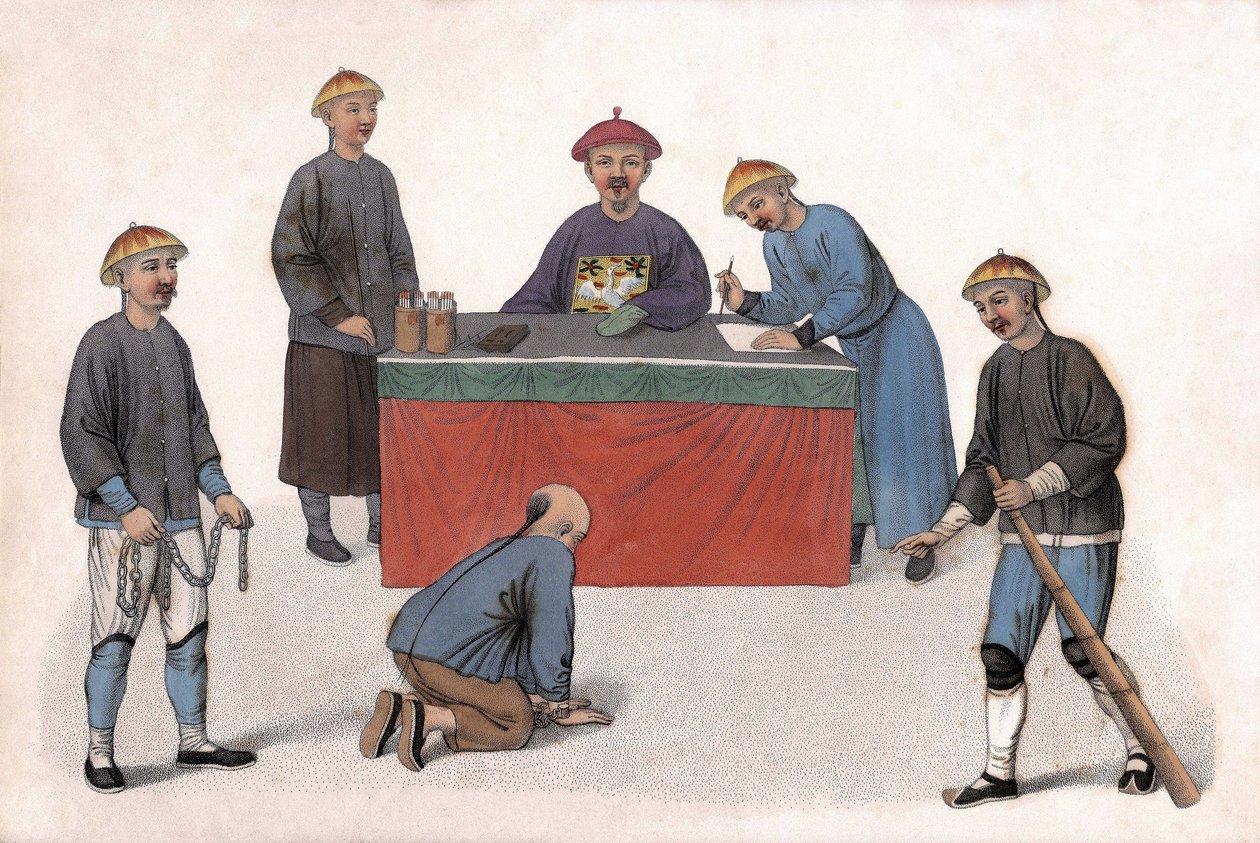 En anklagad inför en domare fick hjälp av en kontorist, en sekreterare och vakter. i "The Punishment of the Chinese", London av Unknown artist