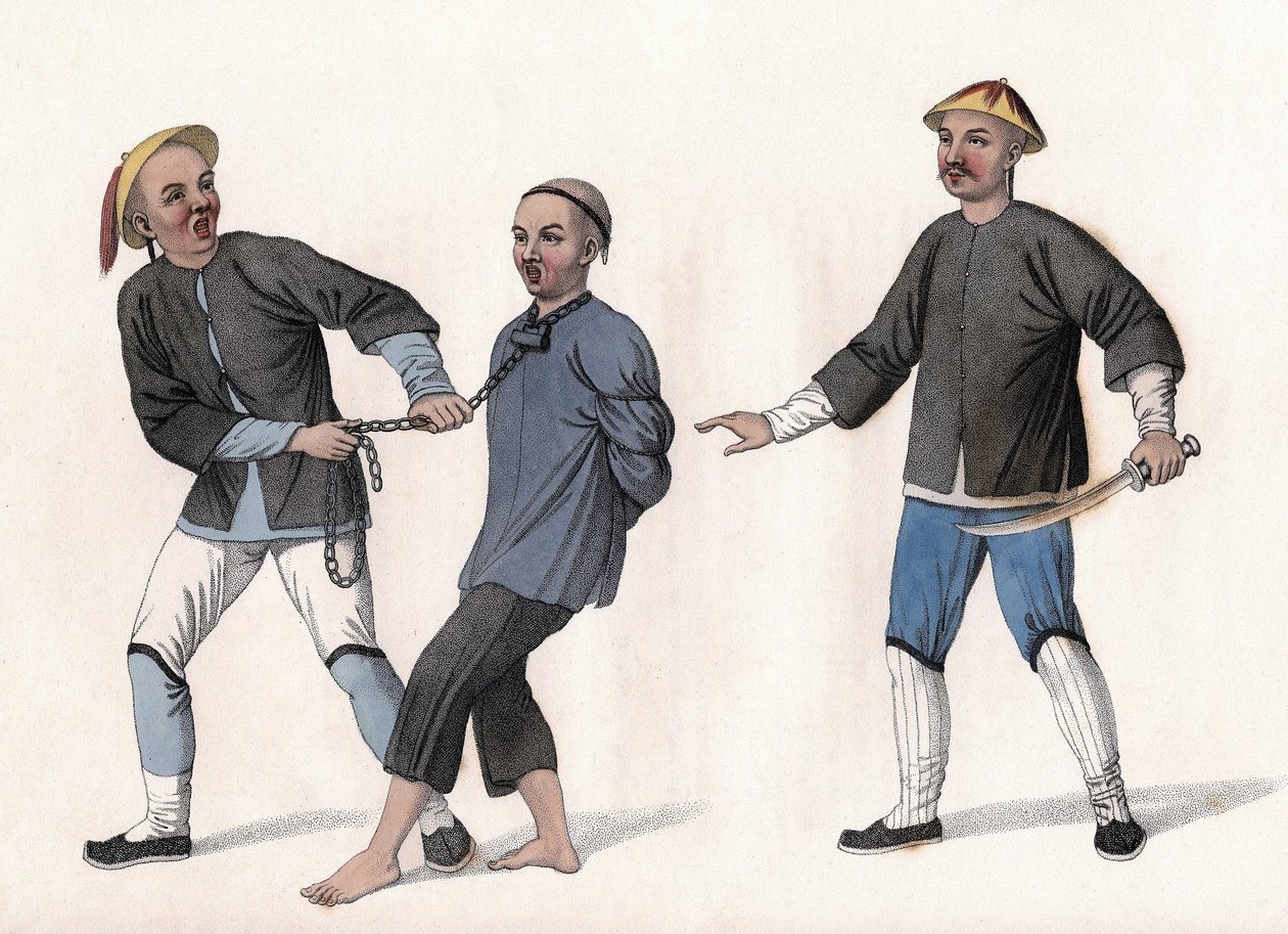 En åtalad förs till fängelse, knuten med en kedja runt halsen. Gravyr, i "The Punishments of the Chinese", London av Unknown artist