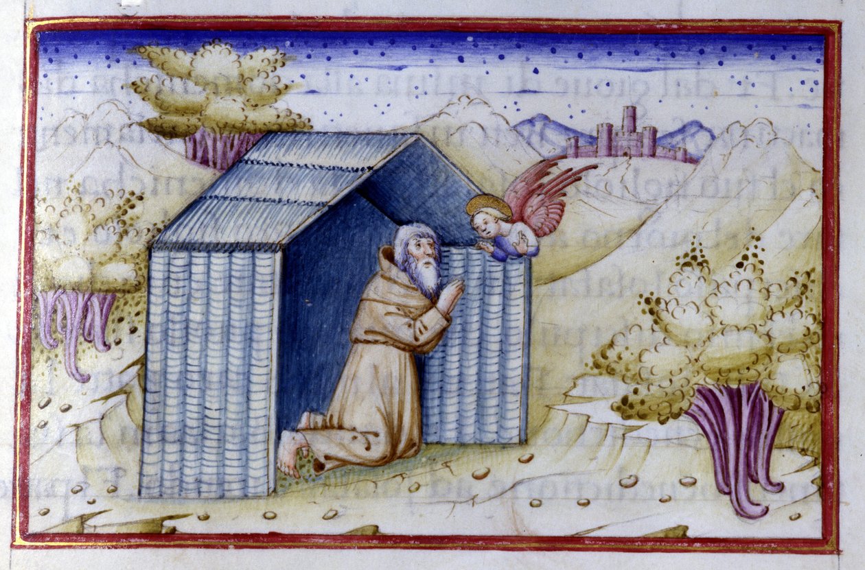 En ängel besöker en eremit. 1400-talsmanuskript. Bibl. Nazionale Braidense. av Unknown artist