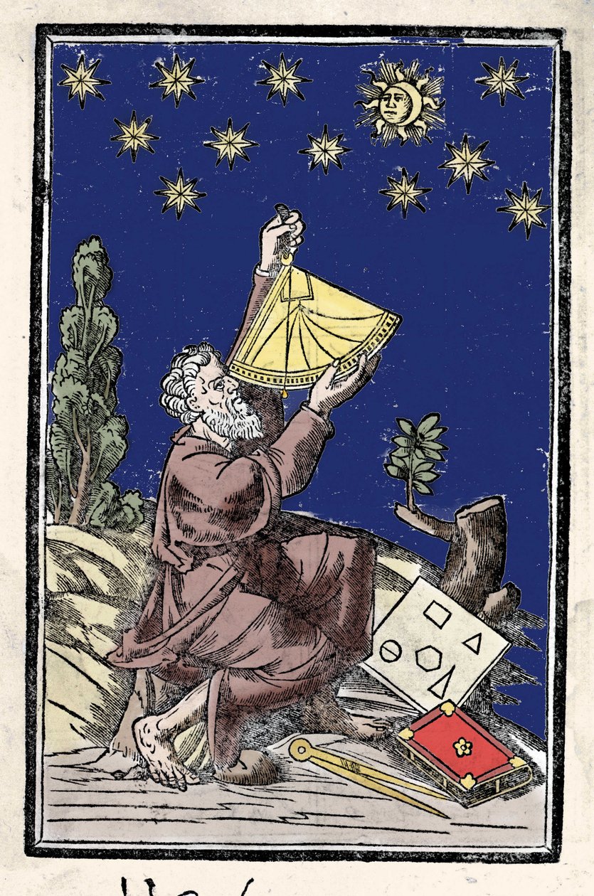En astronom som gör beräkningar med hjälp av en sextant under en förmörkelse. Gravyr av 1500-talet. av Unknown artist
