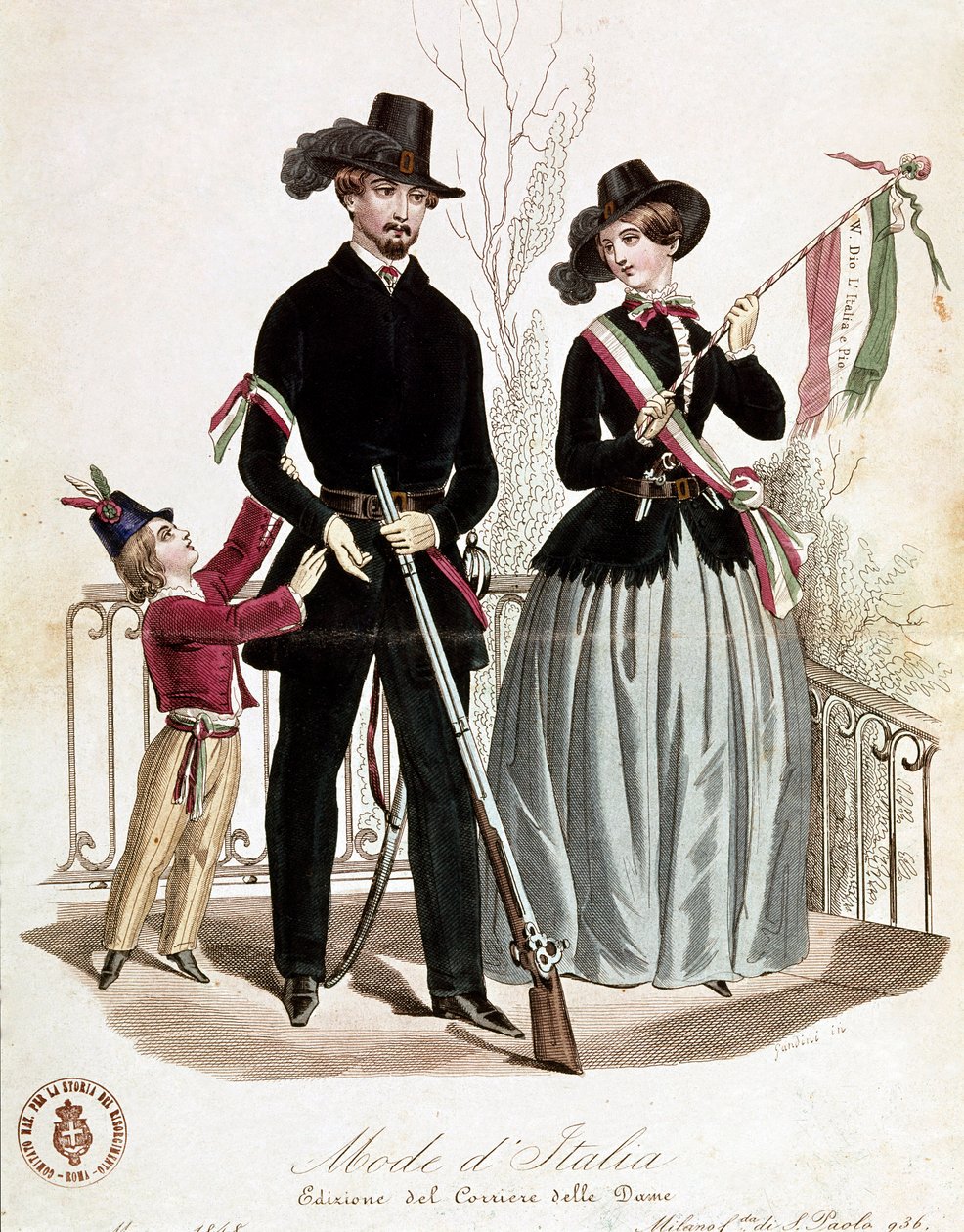 En elegant patriotisk familj vid tiden för Risorgimento (litografi av Unknown artist