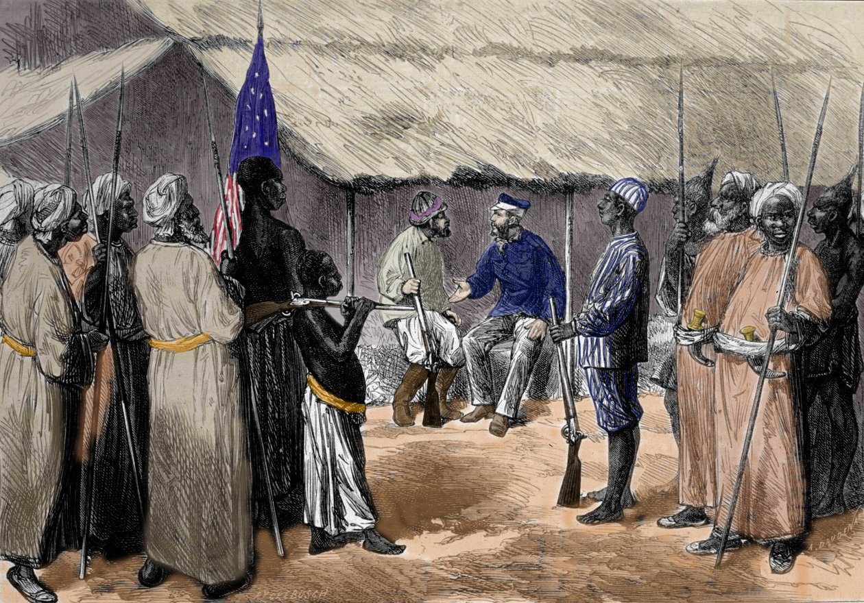 Ett möte mellan David Livingstone (1813-1873), en engelsk missionär och upptäcktsresande i Afrika, och Henry Morton Stanley, Wales-journalist, utforskare av Afrika (1841-1904) i en by i Centralafrika. av Unknown artist