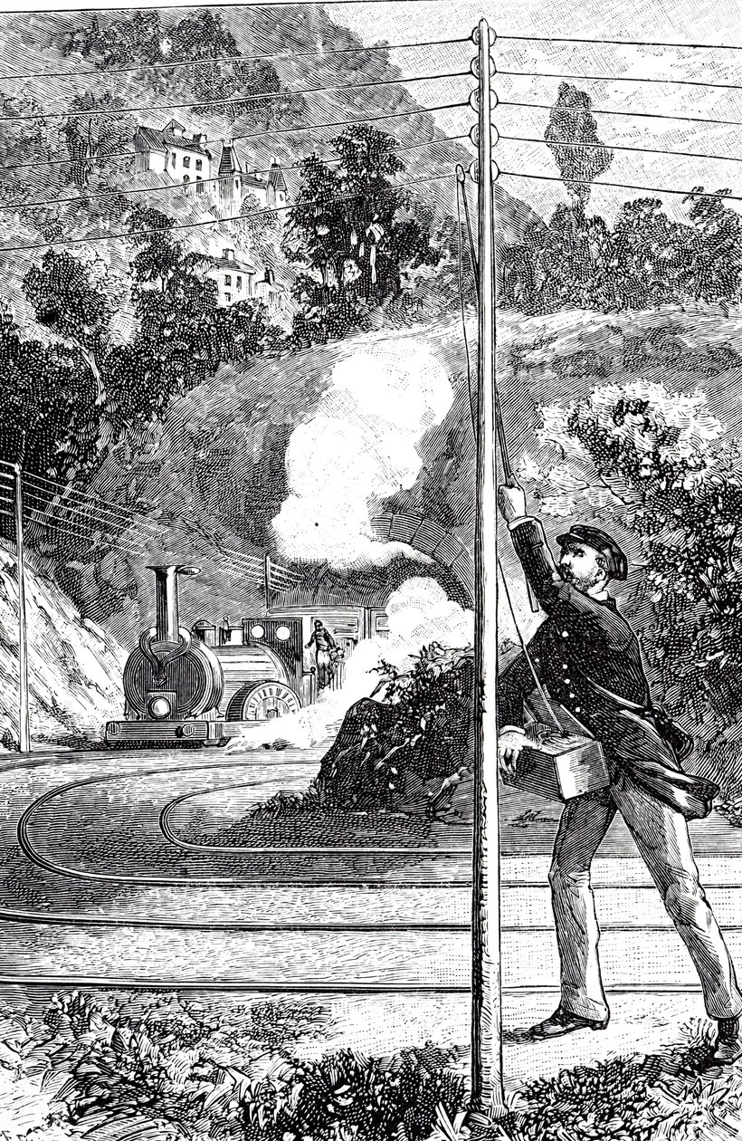 En gravyr som föreställer en tågarbetare som skickar en nödsignal på en järnvägstelegraf av Unknown artist