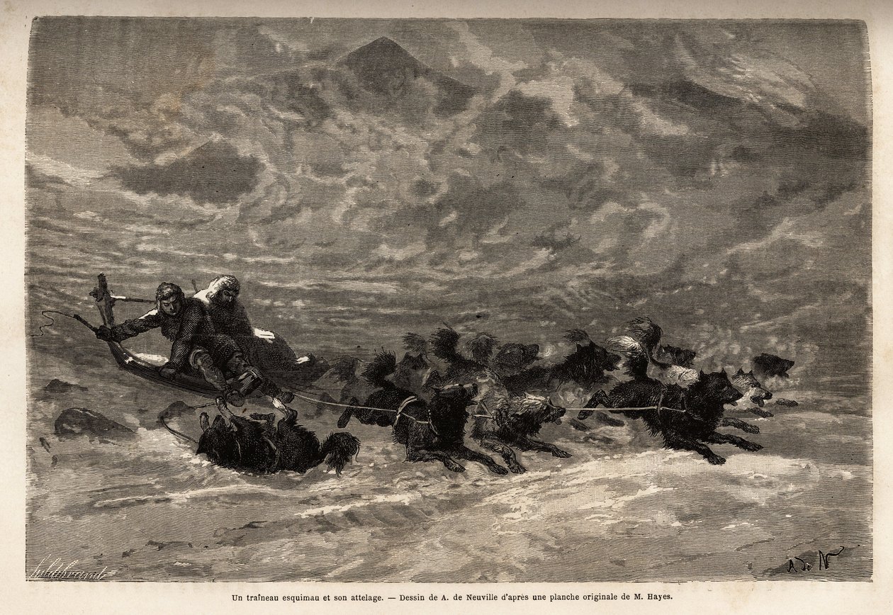 En eskimausläde och dess hundspann, det snabbaste och mest pålitliga sättet att resa i Arktis. Gravyr för att illustrera resan till den arktiska polens fria hav, av doktor Hayes, kirurg vid den amerikanska flottan, 1860-1862, publicerad i "Le tour du av Unknown artist