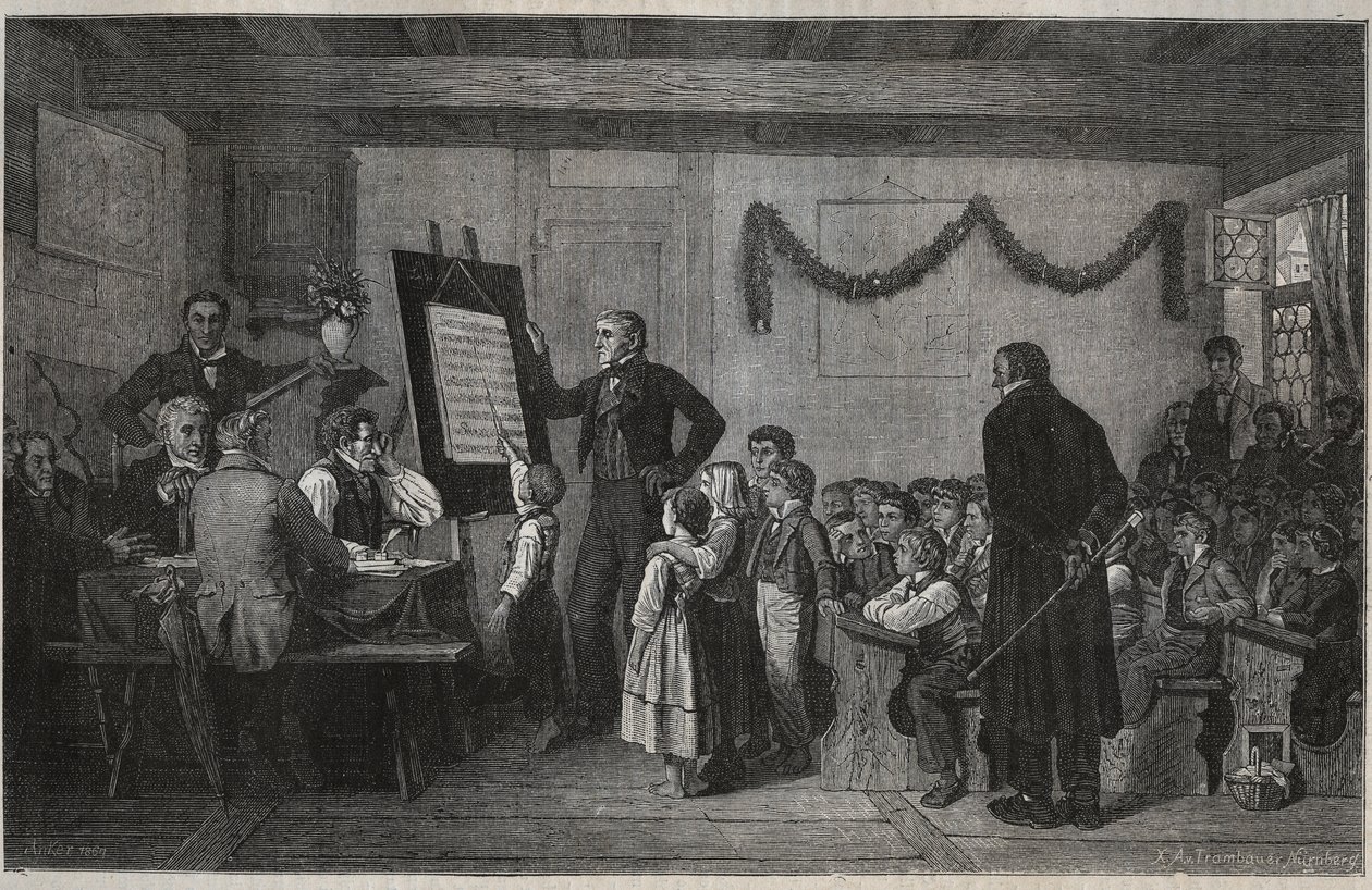 En tentamen på en schweizisk skola - gravyr i "La suisse" av Jules Gourdault av Unknown artist