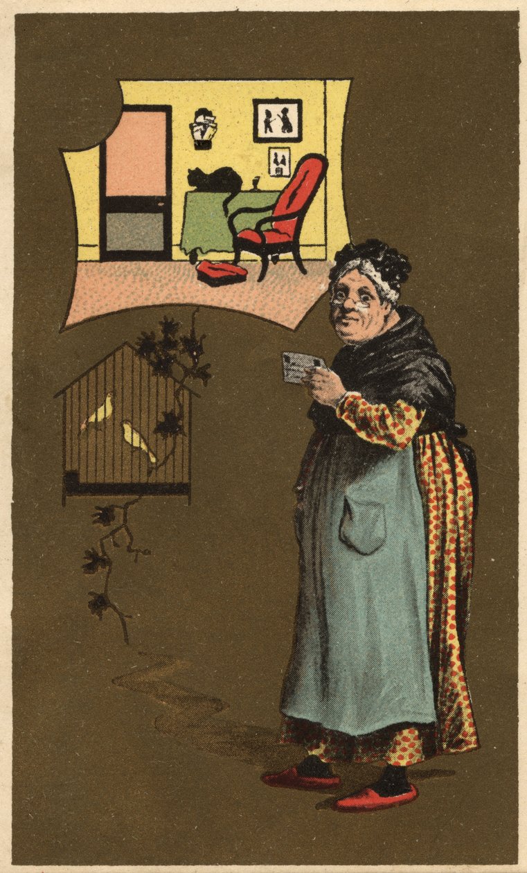 En gammal kvinna som håller en kopp nära en bur med fåglar. Anonym kromolitografi, sent 1800-tal. av Unknown artist