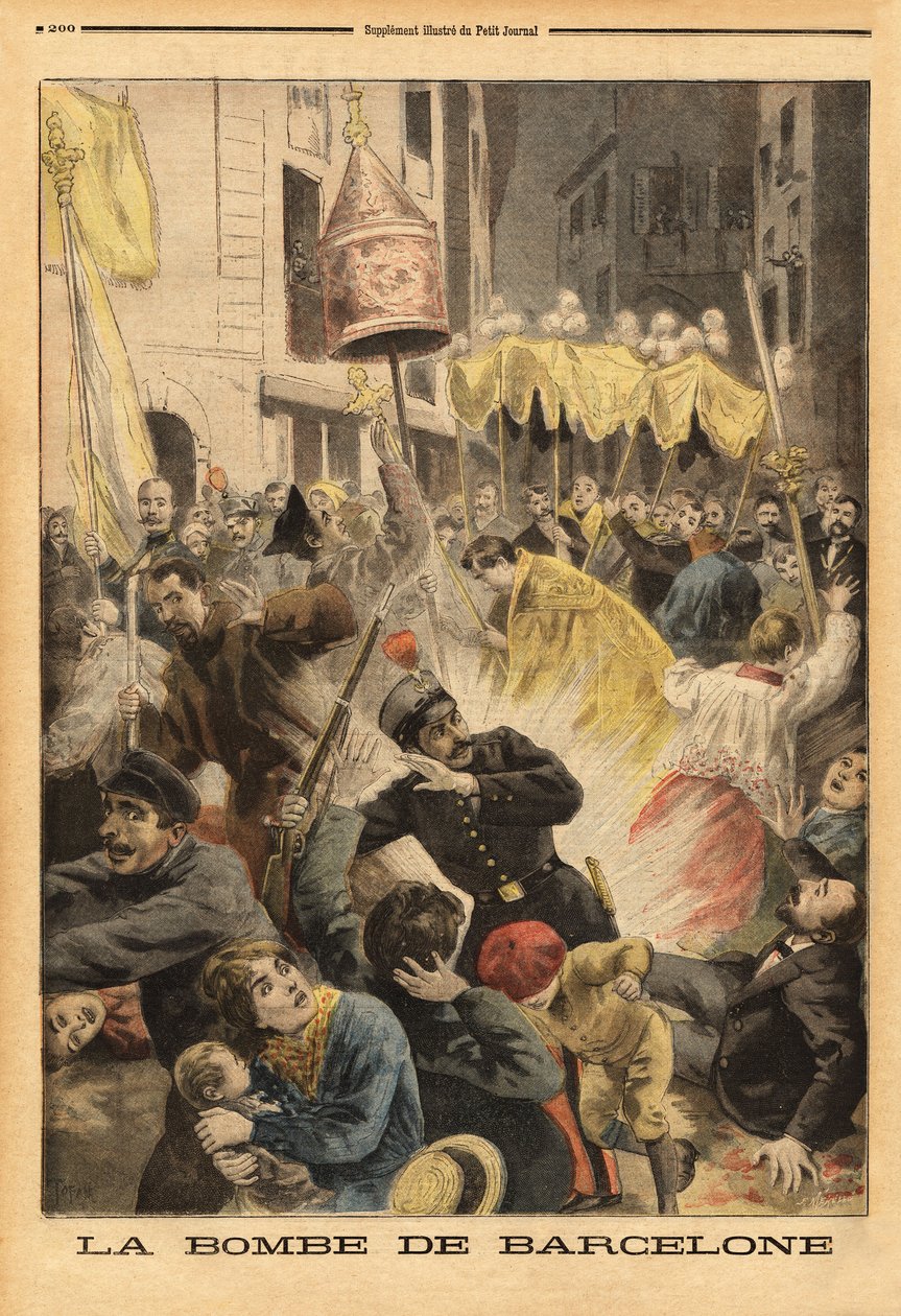 Anarkistisk attack i Barcelona, bombexplosion i processionen som lämnar kyrkan Santa Maria, street nuevos cambios. Gravyr i "" Le petit journal"" 1896-06-21. Selvas samling. av Unknown artist