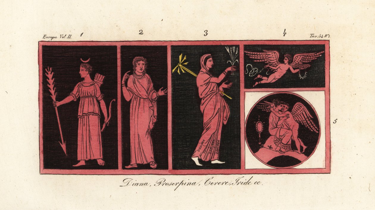 Forntida gudinnor Diana 1, Proserpina 2, Ceres 3, Iris 4, Venus och Amor 5 av Unknown artist