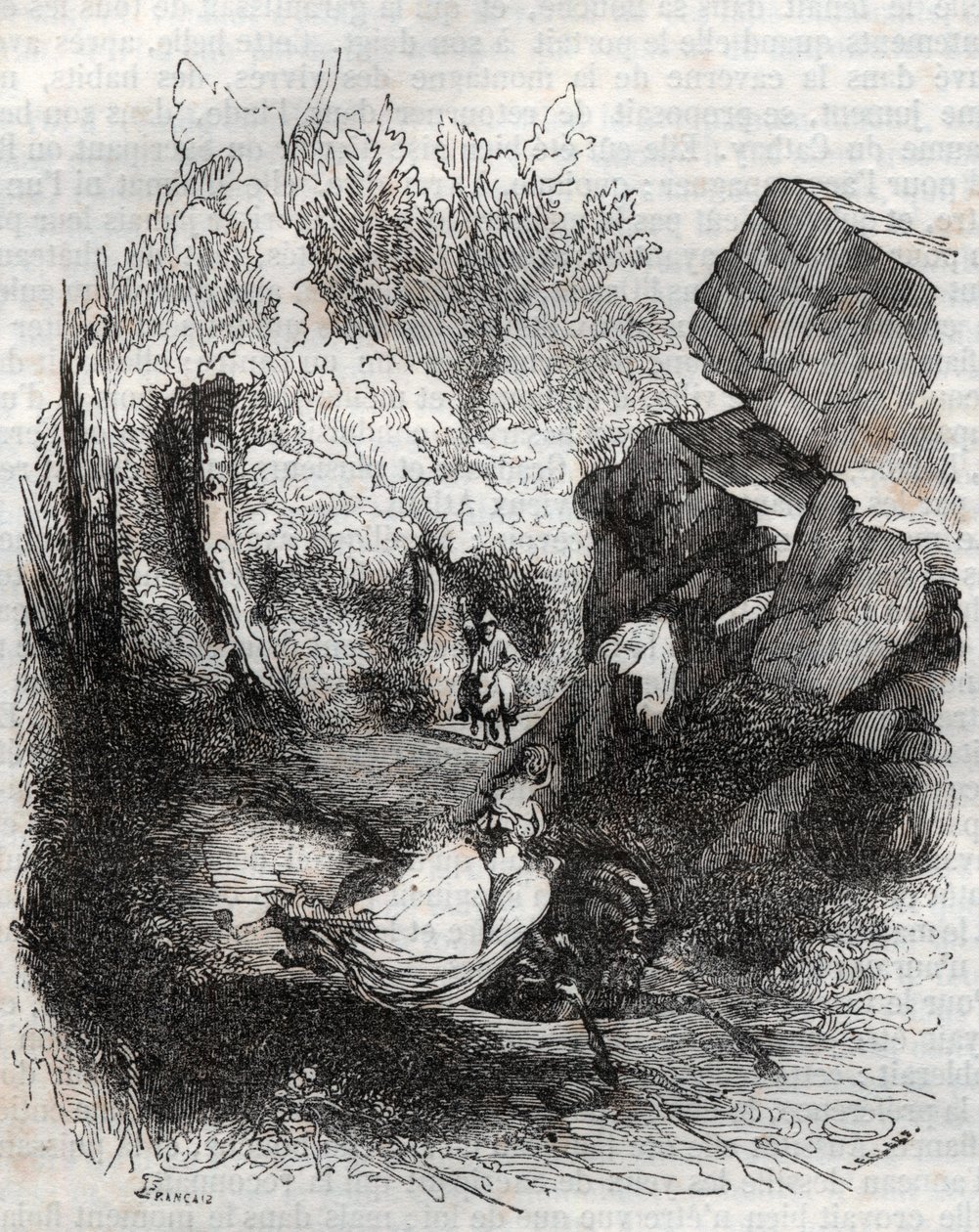 Angelique (Angelica) flyr den gamla eremiten - gravyr från 1851 från "" Furious Roland"" (Orlando furioso) (1500-talet) av Ludovico Ariosto, känd som Ariosta - Upplaga översatt från italienska av greven av Tressan och publicerad av Gustave Harvard 1 av Unknown artist