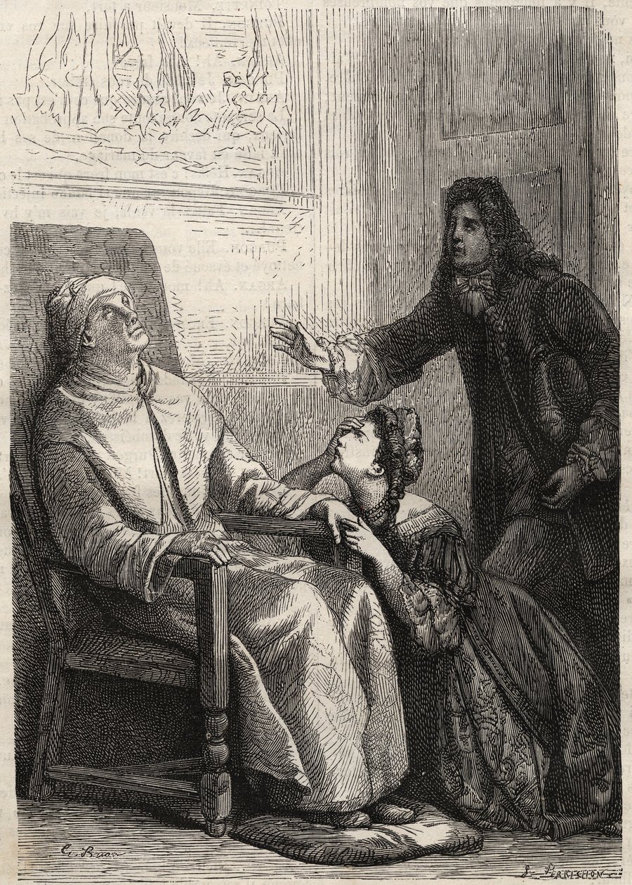 Angelique knäböjer för sin far som hon tror död - gravyr för Jean Baptiste Poquelin dit Moliere (1622-1673) (The Imaginary Invalid) av Unknown artist