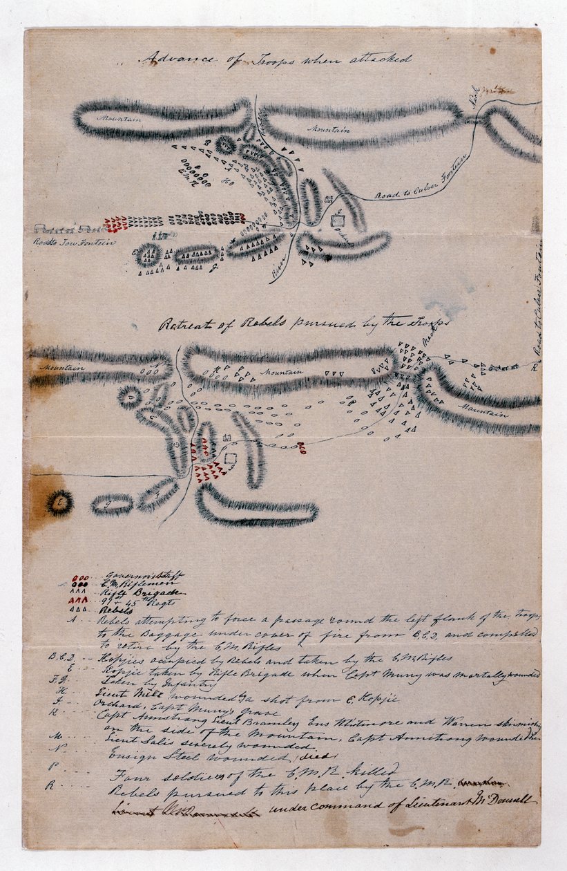 Kommenterad skisskarta över slaget vid Boomplaats, 29 augusti 1848 (papper) av Unknown artist