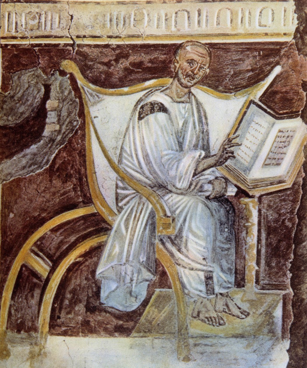 Anonym (omkring 600-talet). Det äldsta porträttet av Saint Augustine (354 - 430). Rom. Palazzo Lateranense, Scala Santa (St. Staircase). Faksimil. av Unknown artist