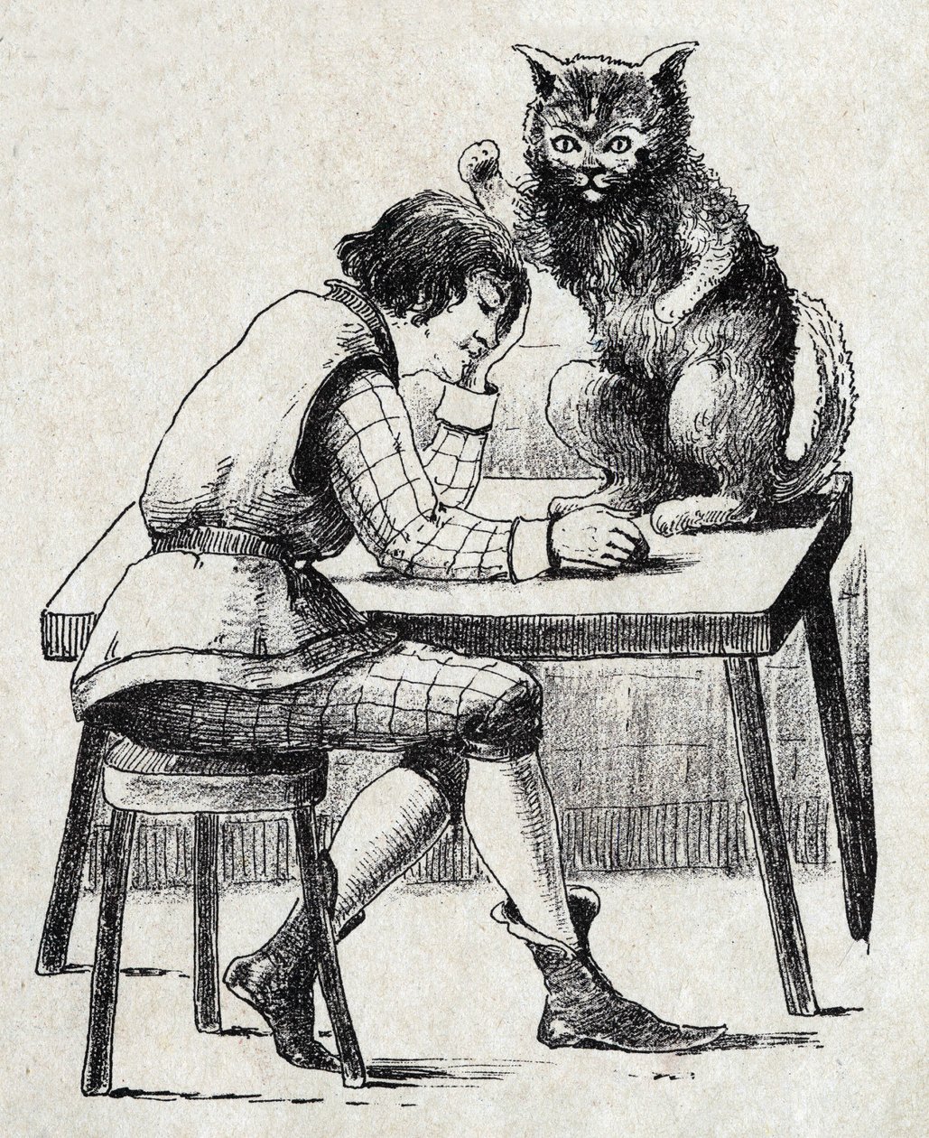 Anonym illustration för "" Le chat Botte", berättelse av Charles Perrault (1628-1703), fransk författare. Bildmaterial Marcel Vagne, Jarville Nancy, odaterat (slutet av 1800-talet). av Unknown artist