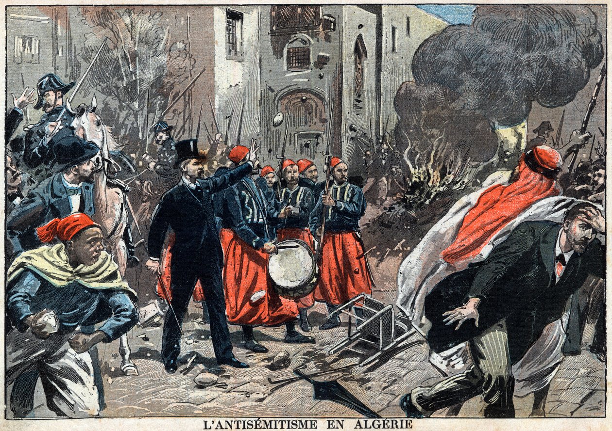 Antisemitism i Algeriet 1898 - I Alger ägde antisemitismprotester rum, generalguvernör Louis Lepine ingrep för att stoppa plundringen av judiska butiker, en illustration från tidningen "" Le-Pelerin"" den 6 februari av Unknown artist