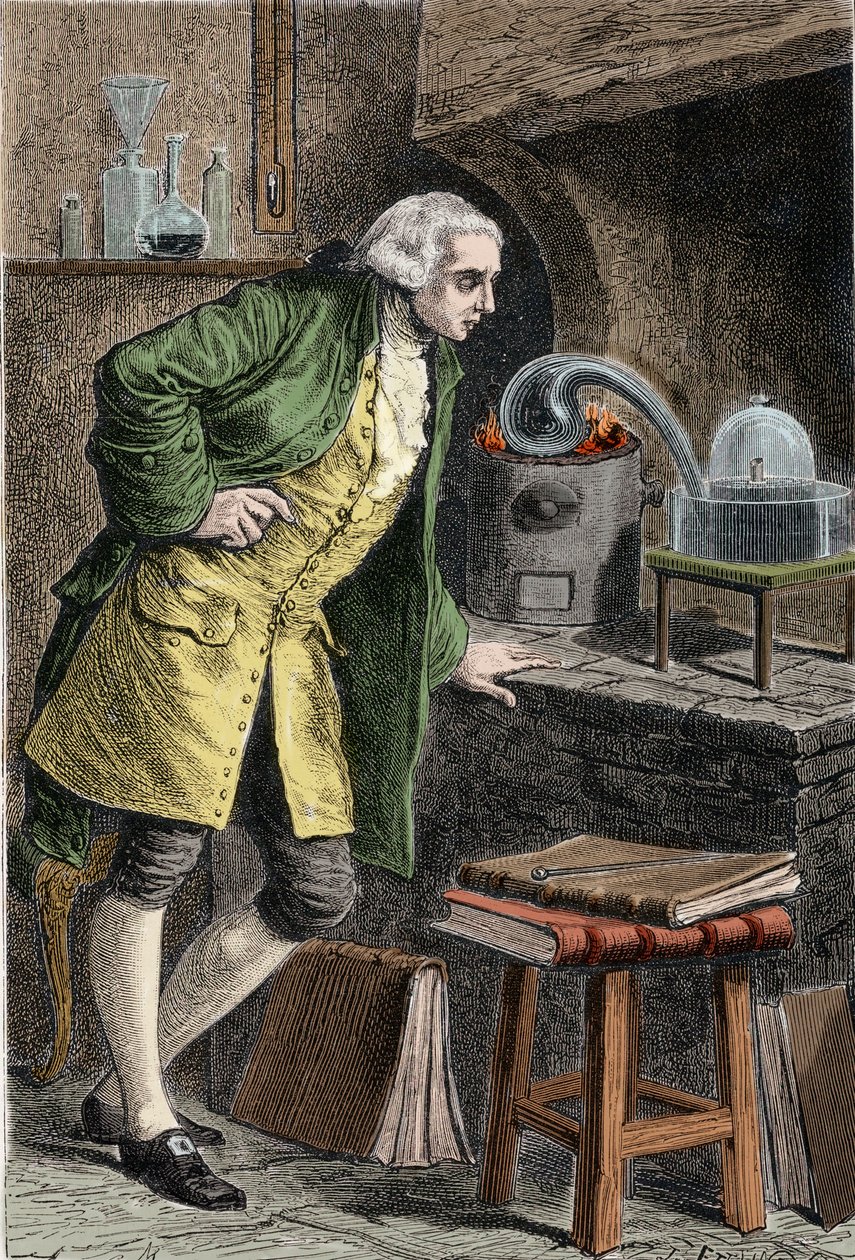 Antoine Laurent Lavoisier (1743-1894) fransk kemist, som undersöker förekomsten av syre i luften: experiment där han erhöll kvicksilveroxid - Lavoisier dans son laboratoire. Gravyr av 1800-talet. av Unknown artist