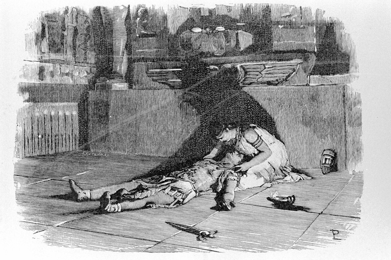 Antoine eller Marc Antoine (83 f.Kr. - 30 f.Kr.) dör i Kleopatras armar efter att ha dött i tro på Kleopatras självmord. Gravyr av 1800-talet. av Unknown artist