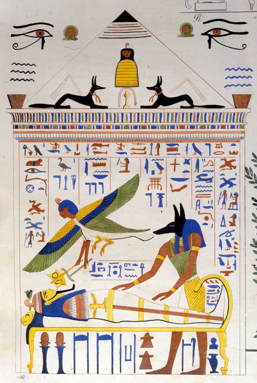 Anubis tar hand om mumien medan den avlidnes själ flyger för transmigrering - i "" Monuments of Egypt and Upper Nubia"" av Ippolito Rosellini (Rossellini). av Unknown artist