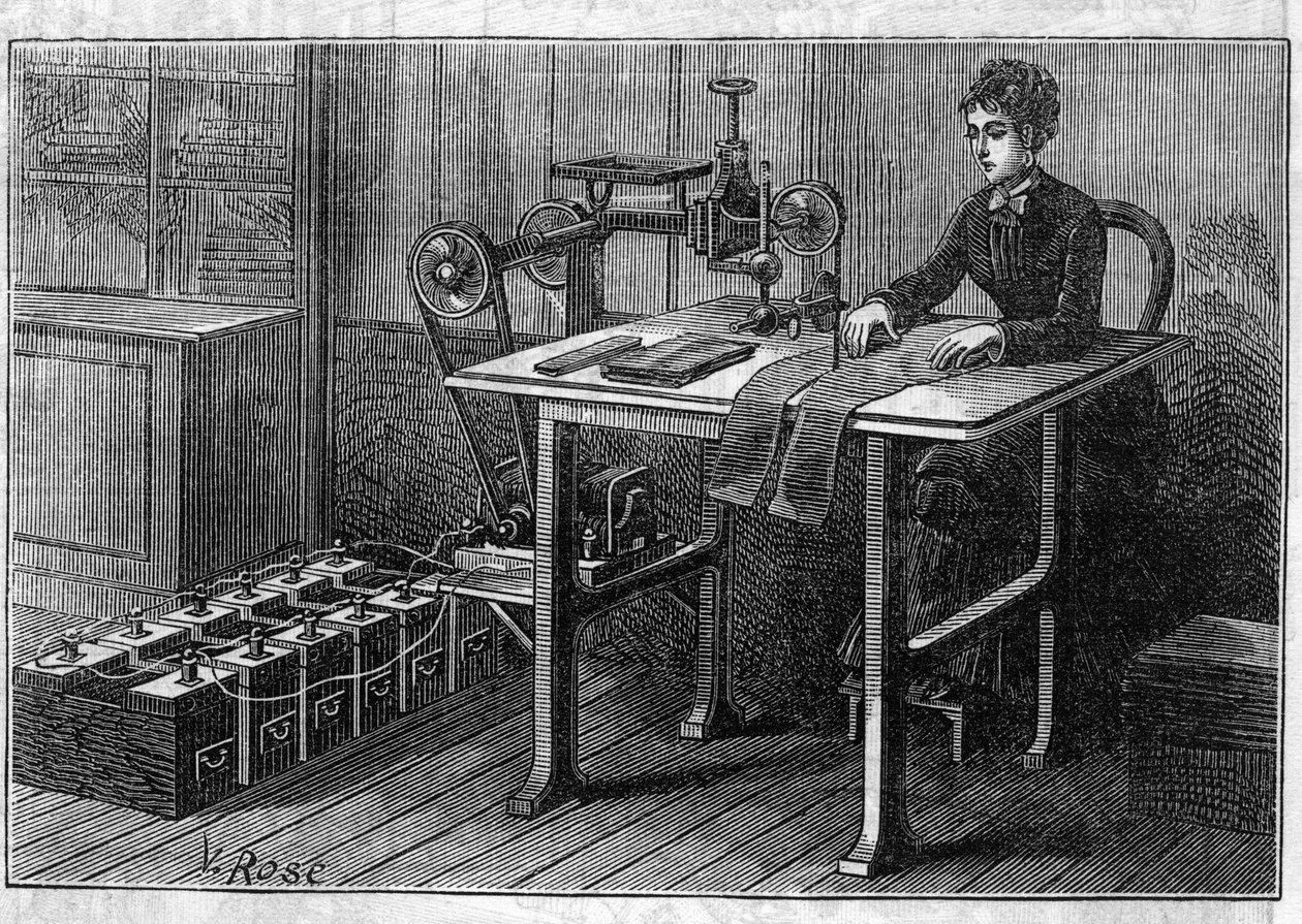 Användning av Faure-batterier: skärmaskin för tyg som drivs av ackumulatorn. Gravyr i "" Le Monde Illustré"" av Unknown artist
