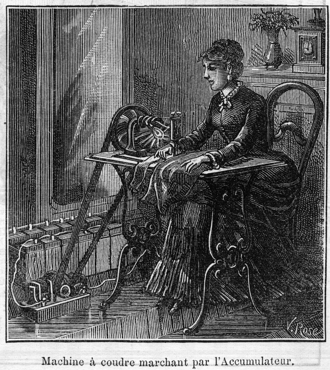 Användning av Faure-batterier: elektrisk symaskin som går genom ackumulatorn. Gravyr i "" Le Monde Illustré"" av Unknown artist