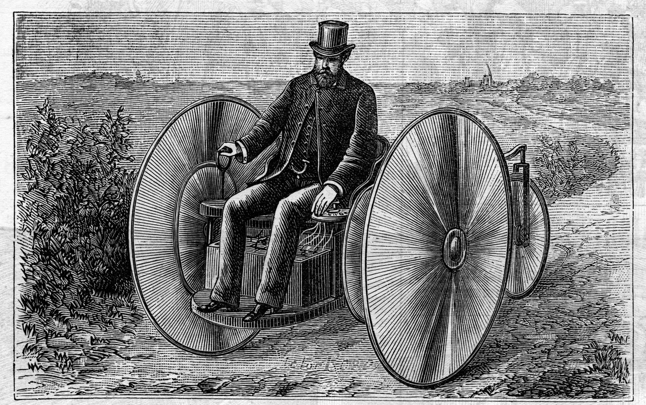 Användning av Faure-batterier: elektrisk trehjuling som rör sig genom ackumulatorn. Gravyr i "" Le Monde Illustré"" av Unknown artist