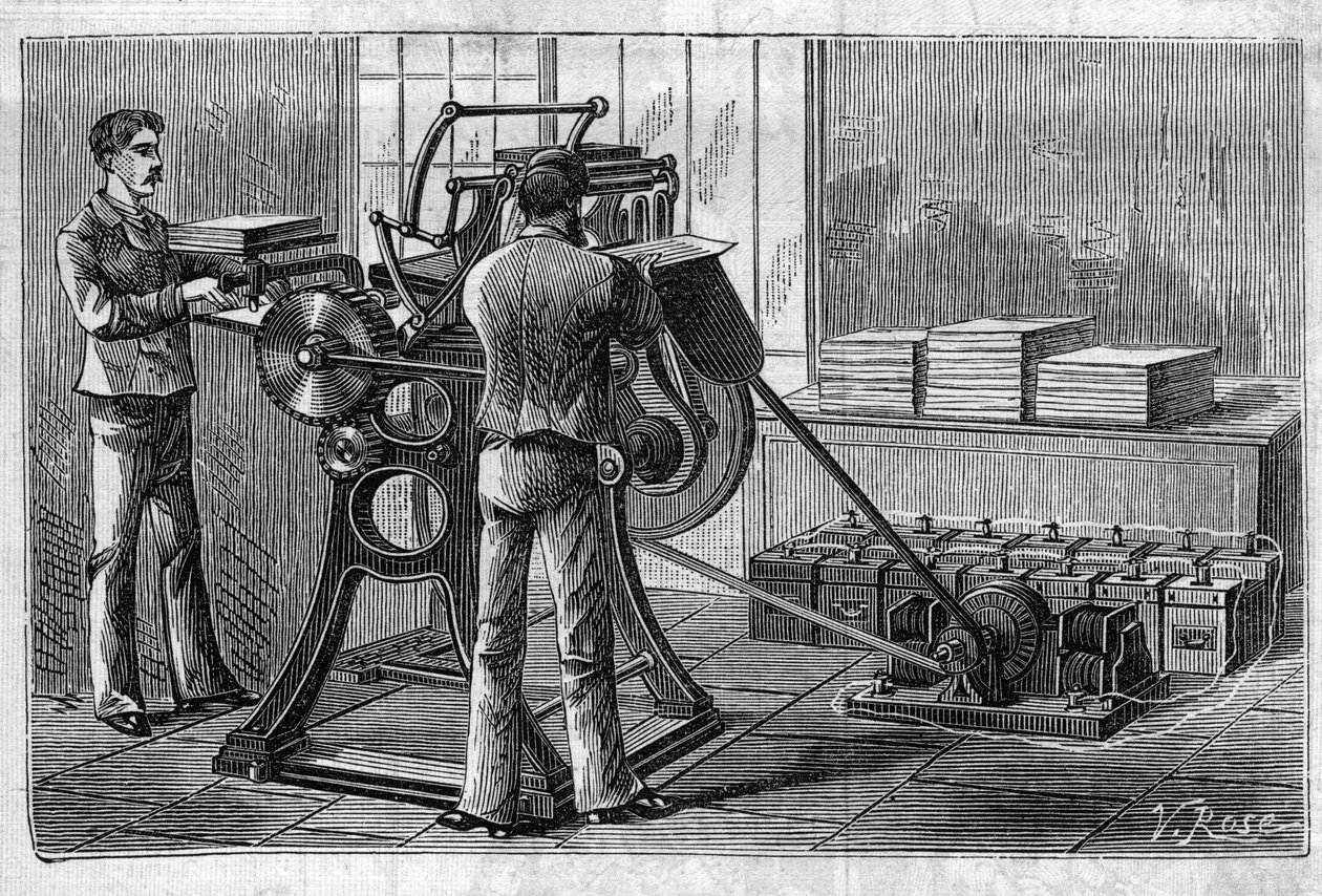 Användning av Faure-batterier: skrivare som drivs av ackumulatorn. Gravyr i "" Le Monde Illustré"" av Unknown artist