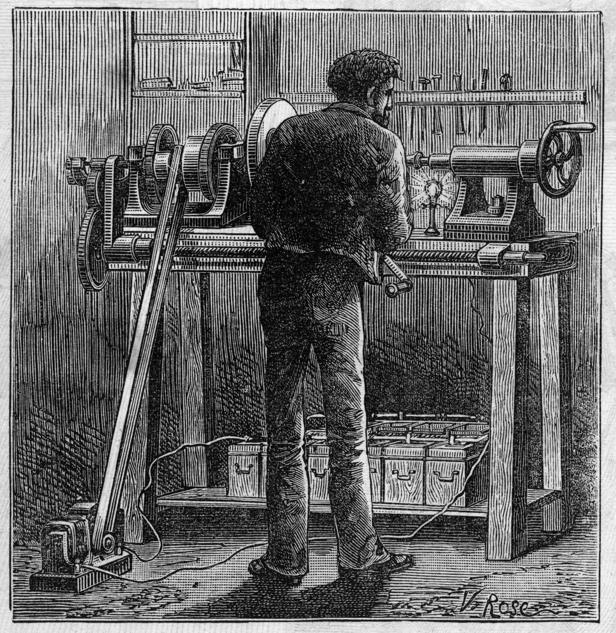 Användning av Faure-batterier: vändning av en hantverkare som drivs av ackumulatorn. Gravyr i "" Le Monde Illustré"" av Unknown artist