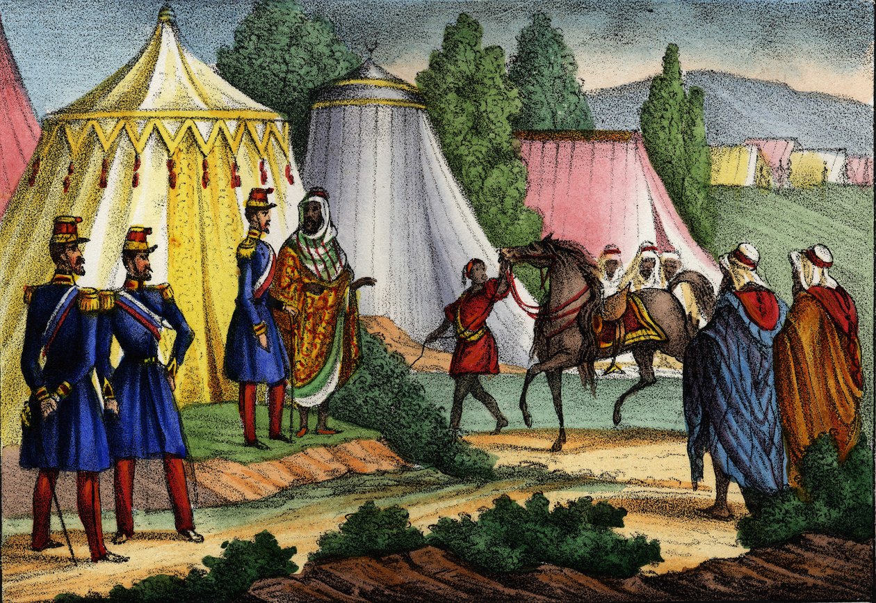 Arabisk ledare erbjuder en häst till en officer från den franska armén i Afrika, Algeriet av Unknown artist