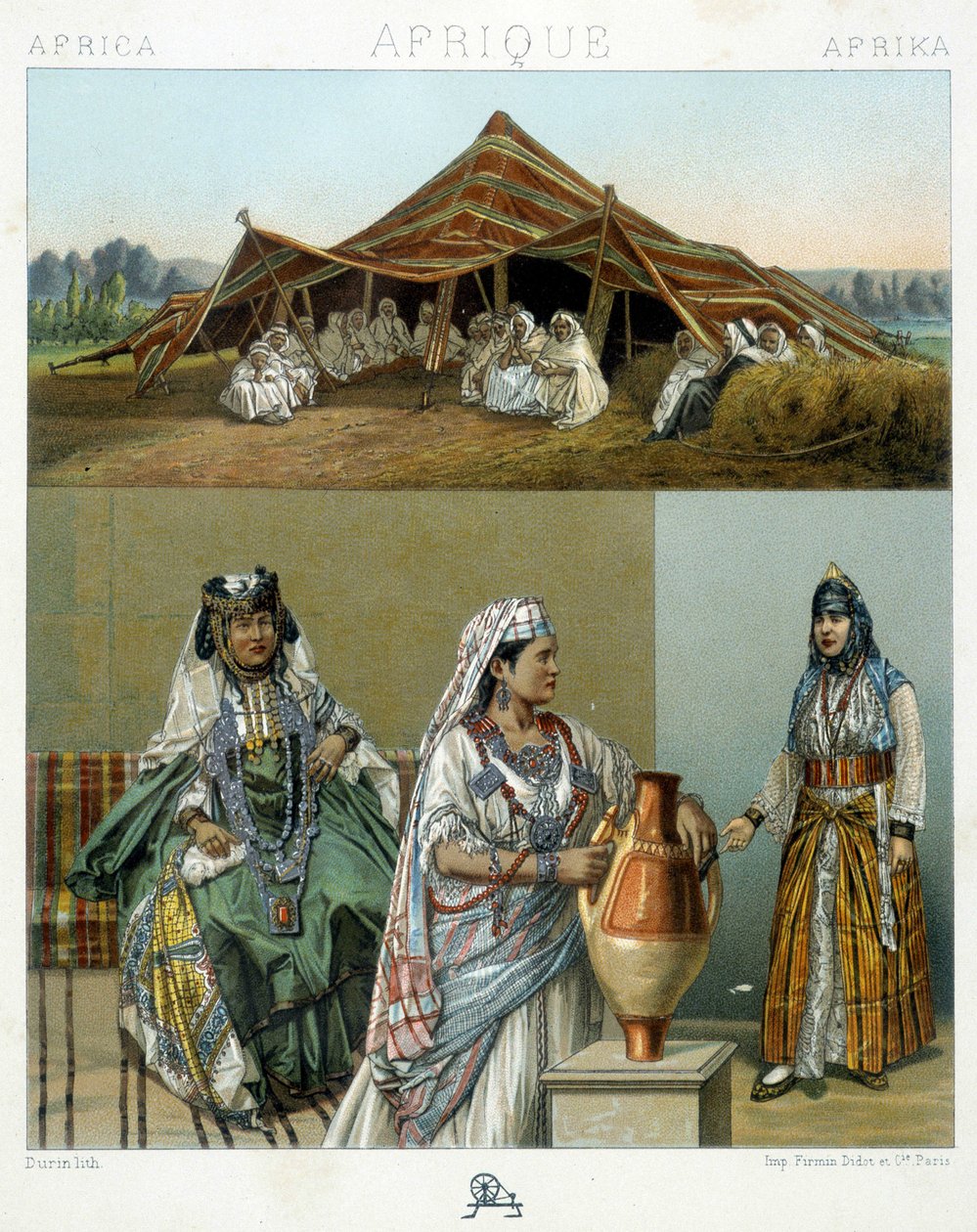 Arabtält, algeriska kvinnokostymer - i "" Le costume historique"" av Racinet av Unknown artist
