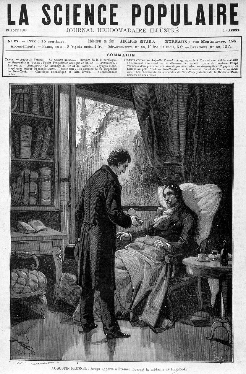 Arago ger Augustin Fresnel döende medaljen av Benjamin Thompson Earl of Rumford - i "" Popular Science"" av 1880-08-19 av Unknown artist