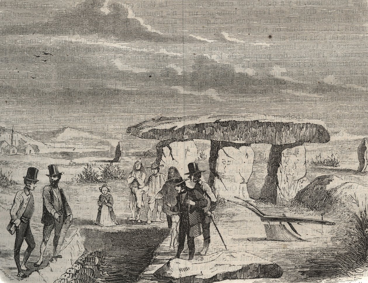Arkeologiska utgrävningar: upptäckt av galliska gravar nära Dolmen de la Pierre aux Fees (Pierre-aux-Fees) i Oise (60). Gravyr från 1856 i "" Le Musee Des Sciences"" av Unknown artist