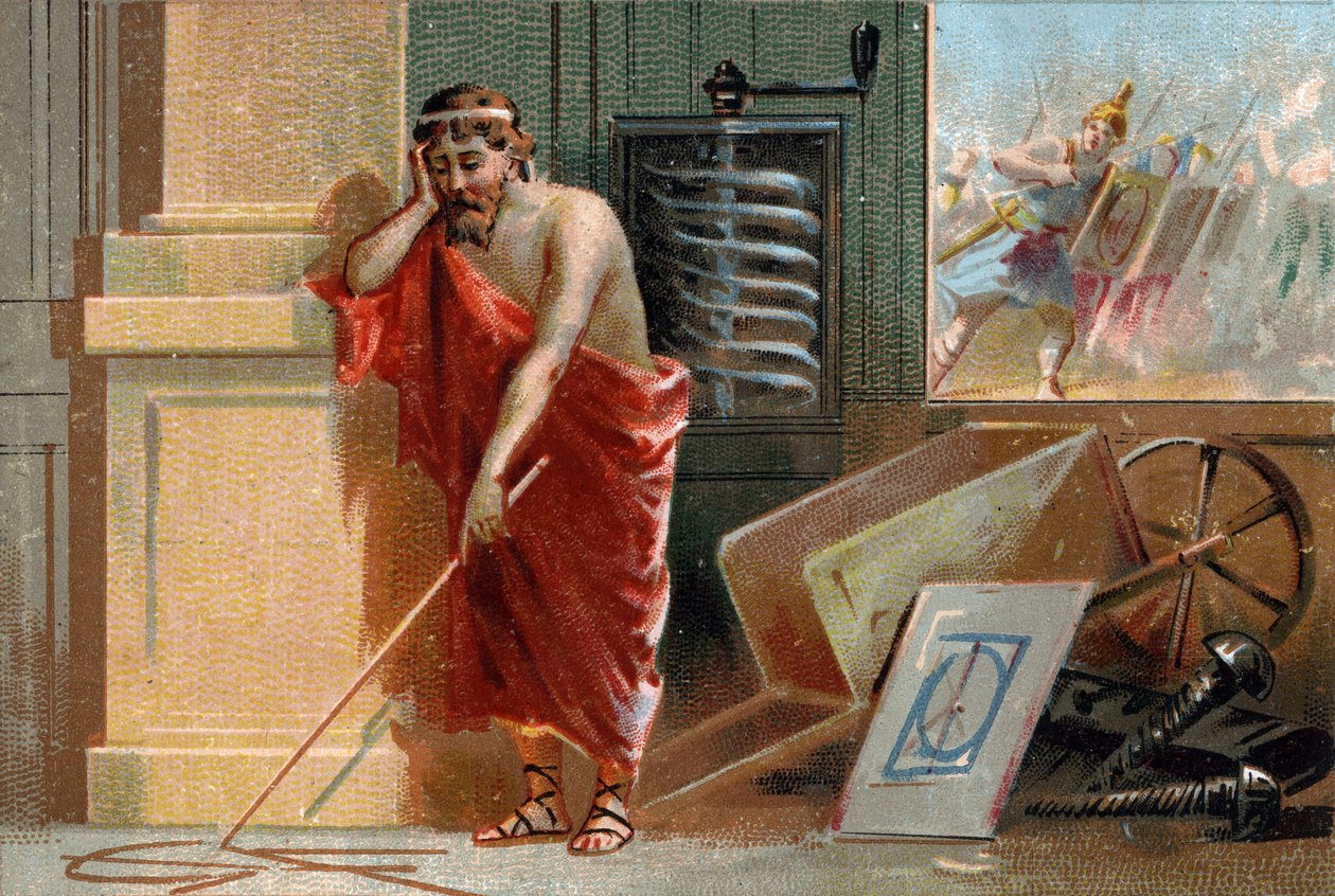 Arkimedes från Syrakusa (287-212 f.Kr.) ritar geometriska former på marken, för att snart stanna av romerska soldater längst ner på scenen. I hans verkstad kan man känna igen hans olika uppfinningar: skruven och skottkärran. Kromolitografi från 1800-talet av Unknown artist