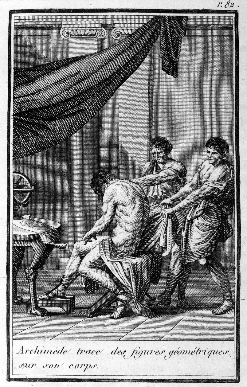 Arkimedes spårar geometriska figurer på sin kropp. av Unknown artist