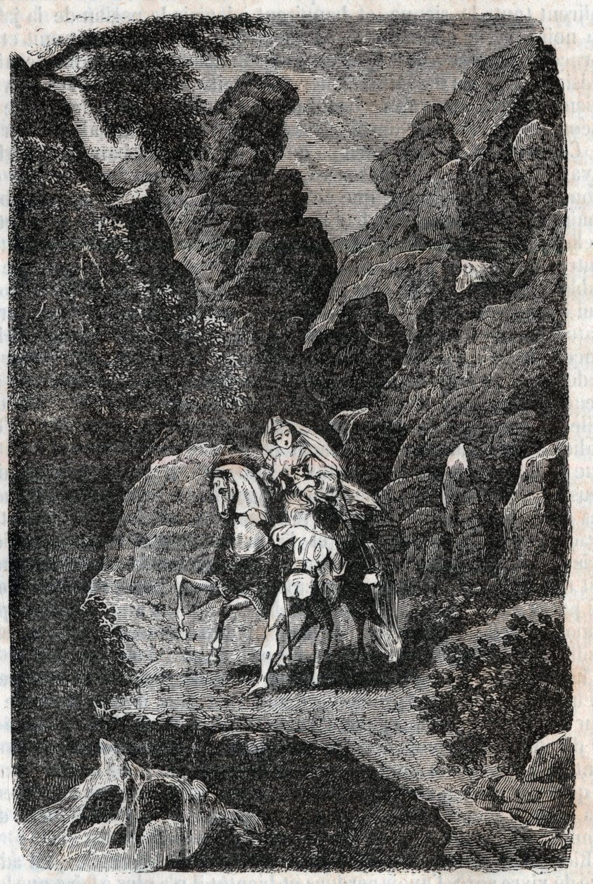Argie attackerad på order av sin brudgum - gravyr från 1851 från "" Furious Roland"" (Orlando furioso) (1500-talet) av Ludovico Ariosto, känd som Ariosta - Upplaga översatt från italienska av greven av Tressan och utgiven av Gustave Harvar av Unknown artist