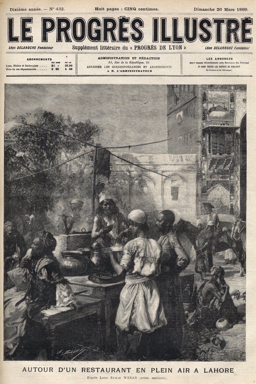 Runt en utomhusrestaurang i Lahore, Pakistan - omslag till "The illustrious progress"" från mars 1899 - av Unknown artist