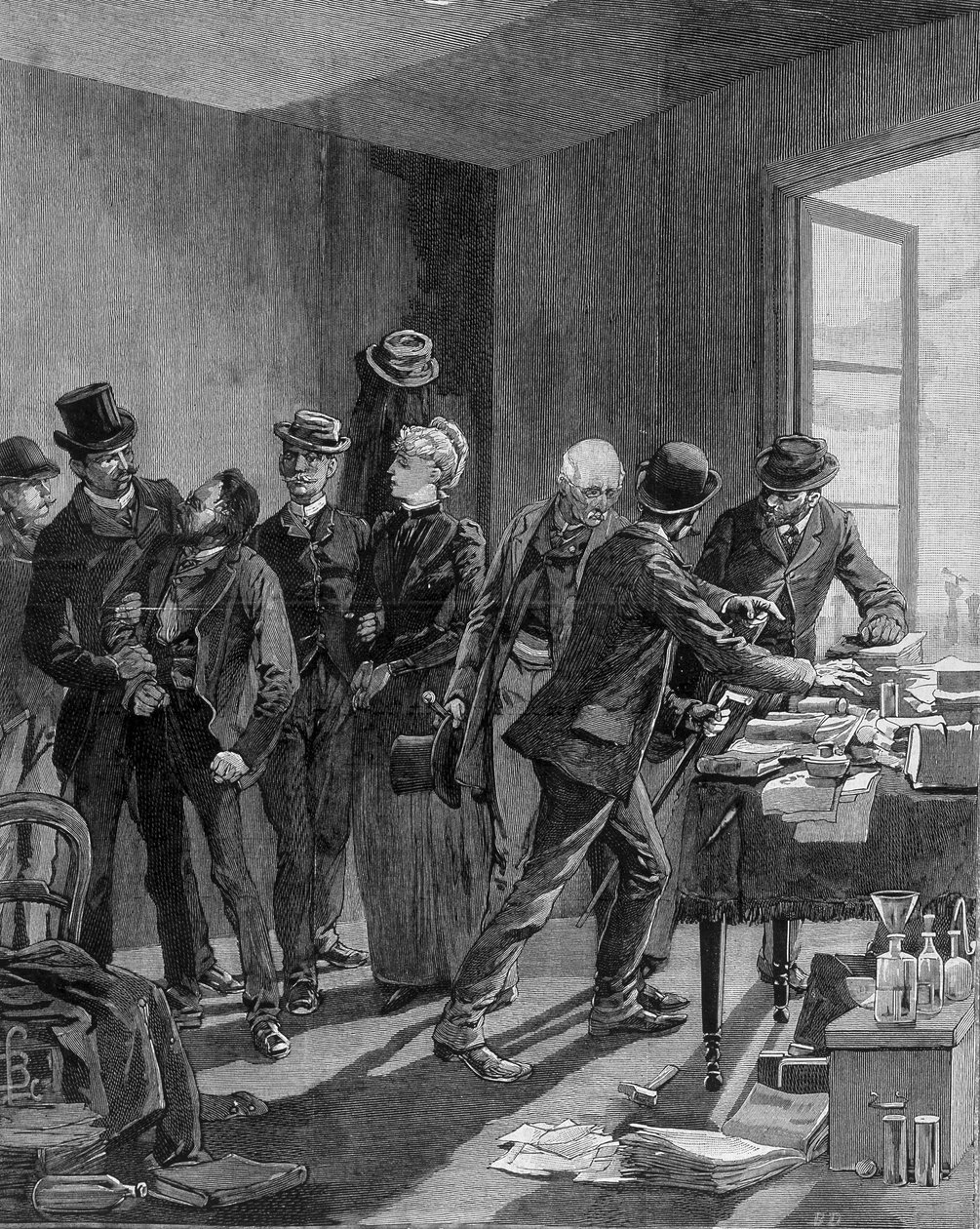 Gripande i Paris av nihilisterna Reinchtein och hans fru. Gravyr mot slutet av 1800-talet (1890?). av Unknown artist
