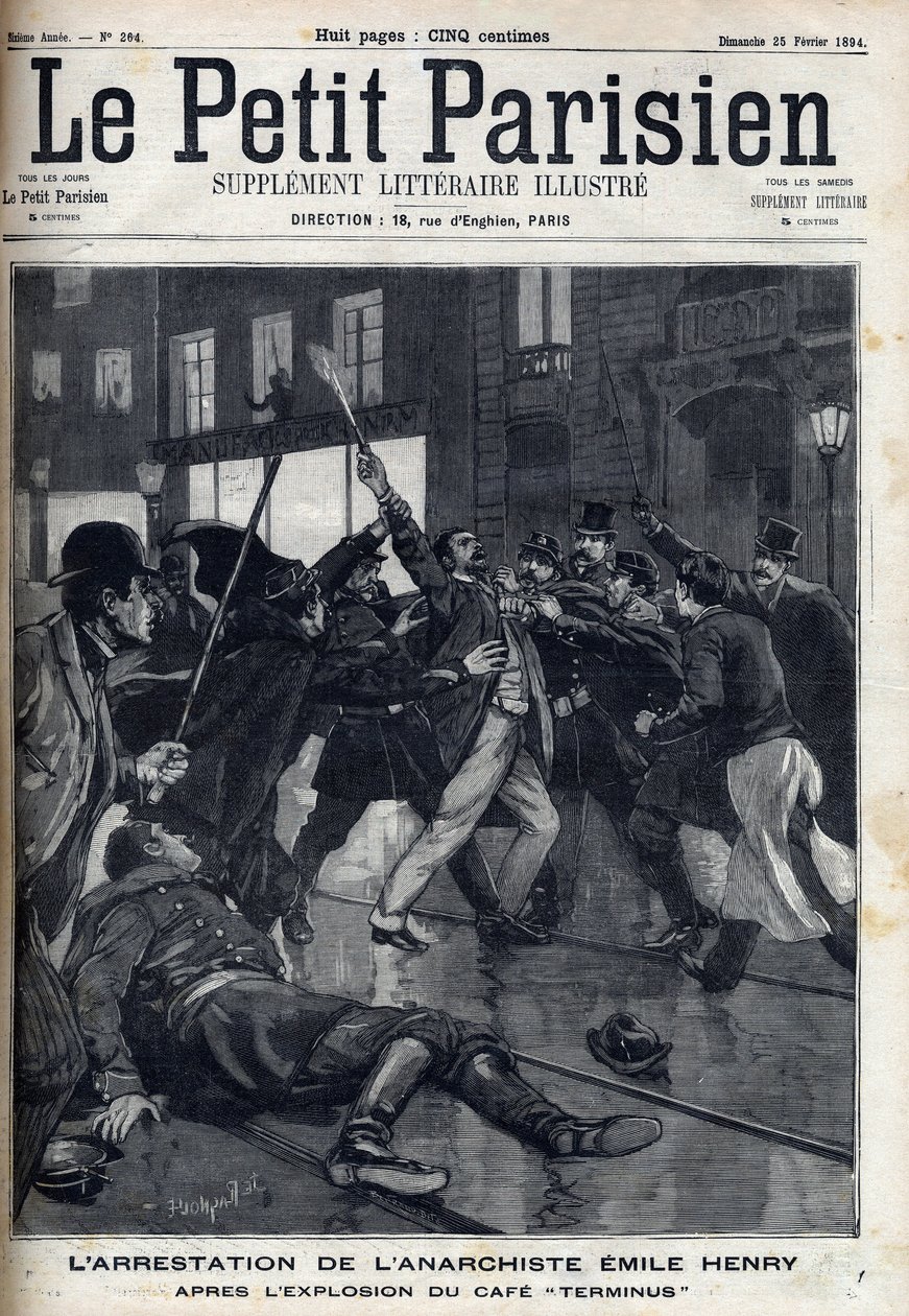 Gripande av anarkisten Emile Henry (1872-1894) efter explosionen av caféet "Terminus"" i Paris. Gravyr i "" Le Parisien"" av Unknown artist