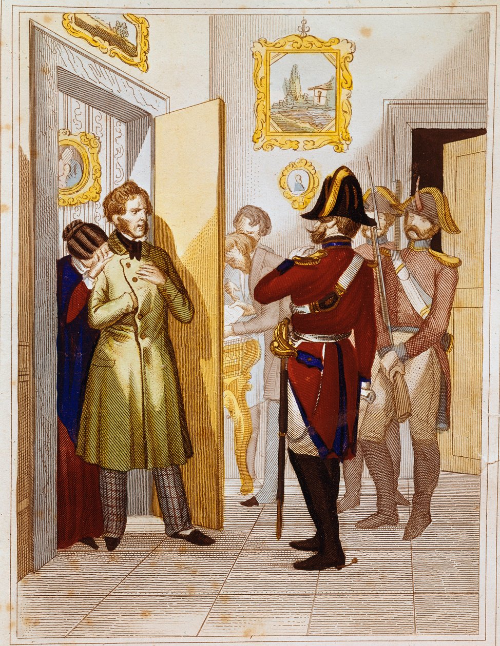 Gripande av patrioten Federico Confalonieri (1785-1846), av italienska trupper. Gravyr av 1800-talets Museo del Risorgimento, Rom av Unknown artist