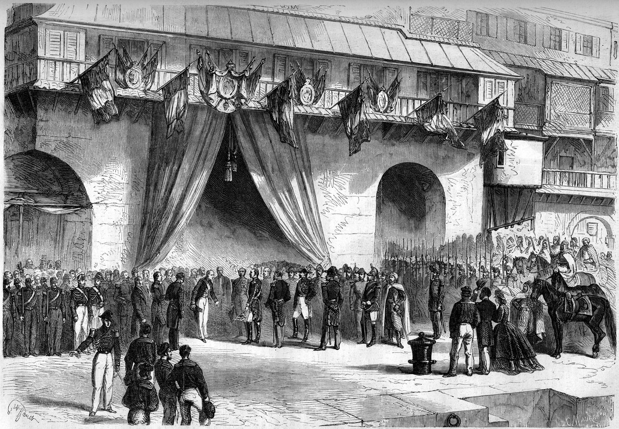 Ankomst till Alger den 19 september 1864 av marechal av Mac-Mahon (Mac Mahon) (1808-1893), utsedd till generalguvernör i Algeriet. Mottagning av civila och militära myndigheter under Admirautens valv. av Unknown artist