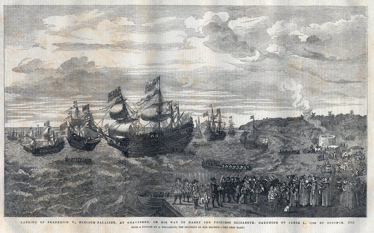 Frederique V:s ankomst från Pfalz (1596-1632) i hamnen i Gravesend för att gifta sig med prinsessan Elisabeth av England (1596-1662), dotter till kung James I (1566-1625) den 16 oktober 1612. Han välkomnades av James Hay (1:e earl av Carlisle) (cirka 1580- av Unknown artist