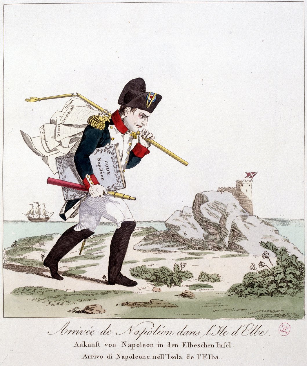 Napoleons ankomst till Elba Island (bärande under armen på Code Napoleon) - i "" Napoleon 1st, karikatyrer, dummysamling"", ca. 1814 av Unknown artist