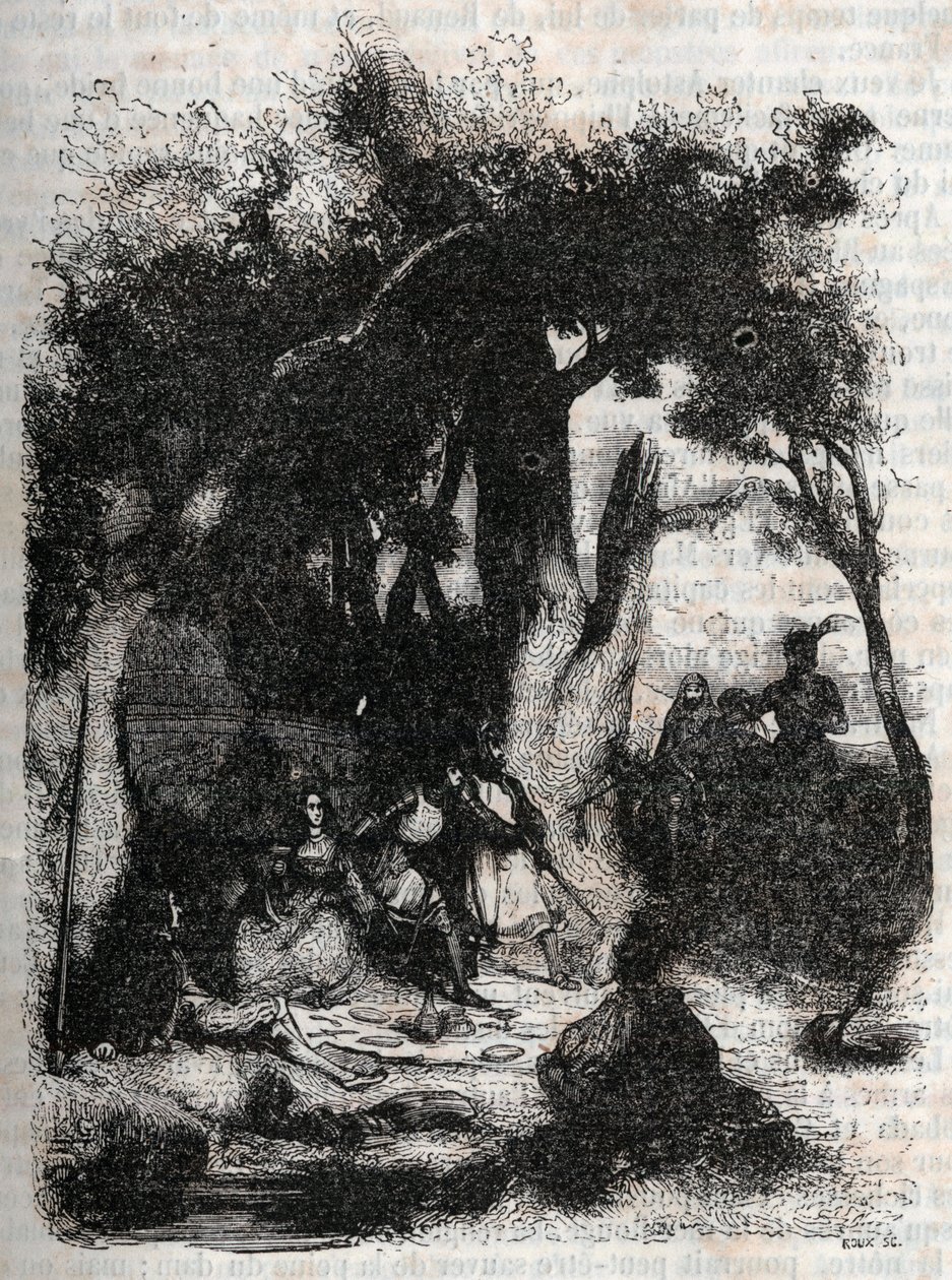 Rodomont och Mandricards ankomst till Merlins fontän - gravyr från 1851 från "" Roland furieux"" (Orlando furioso) (1500-talet) av Ludovico Ariosto, känd som Ariosta - Upplaga översatt från italienska av greven av Tressan och publicerad av av Unknown artist