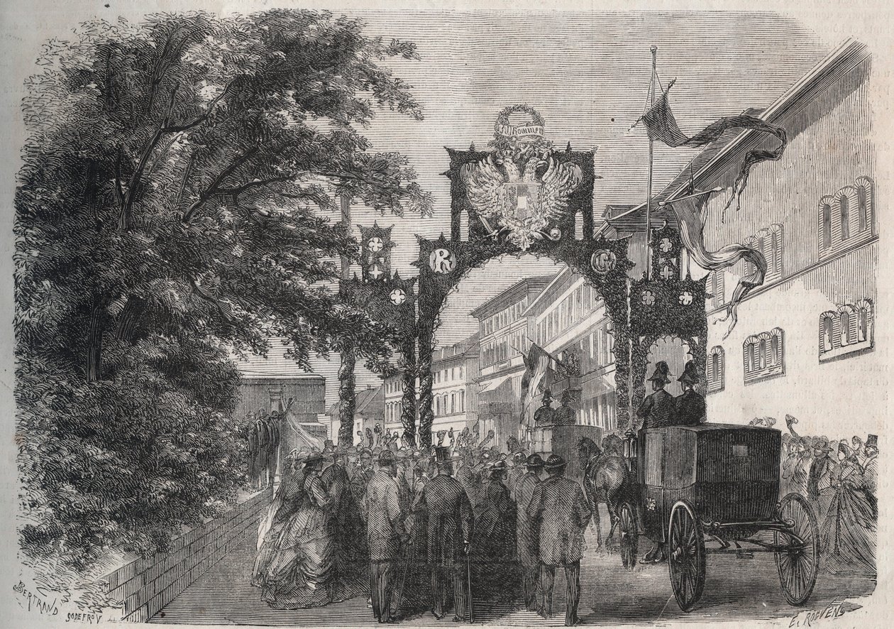 Ankomst av imponen Elisabeth av Österrike (Sissi) (Elisabeth av Österrike) i Bad Kissingen (Spa) 1865 - gravyr i "The Illustrous World" från 1865 av Unknown artist