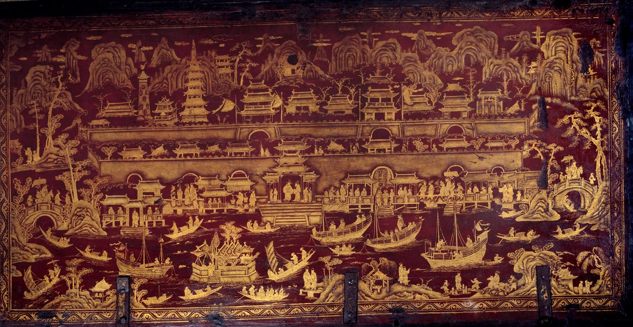 Portugisernas ankomst till Nanjing (Nanjing eller Namquin), Kina. Kartong täckt med röd och guldfärg. 1600-talet. Porto, Nationalmuseet av Unknown artist