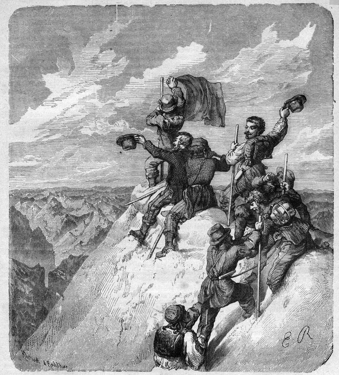 Ascension of the Illimani (6.439 m) (Nevado Illimani, toppen av Paris) av Charles Wiener (1851-1913) fransk upptäcktsresande och diplomat och hans följeslagare - gravering i "" journal des voyages""" 1887 av Unknown artist