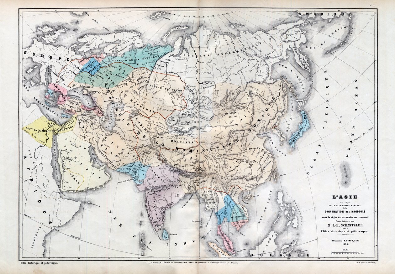 Asien vid tiden för den största omfattningen av mongolisk dominans under Qubilai (Kubilai Khans styre) (1260-1294) - Karta utarbetad av M J-H Schnitzler, Historisk och pittoresk atlas 1857 av Unknown artist