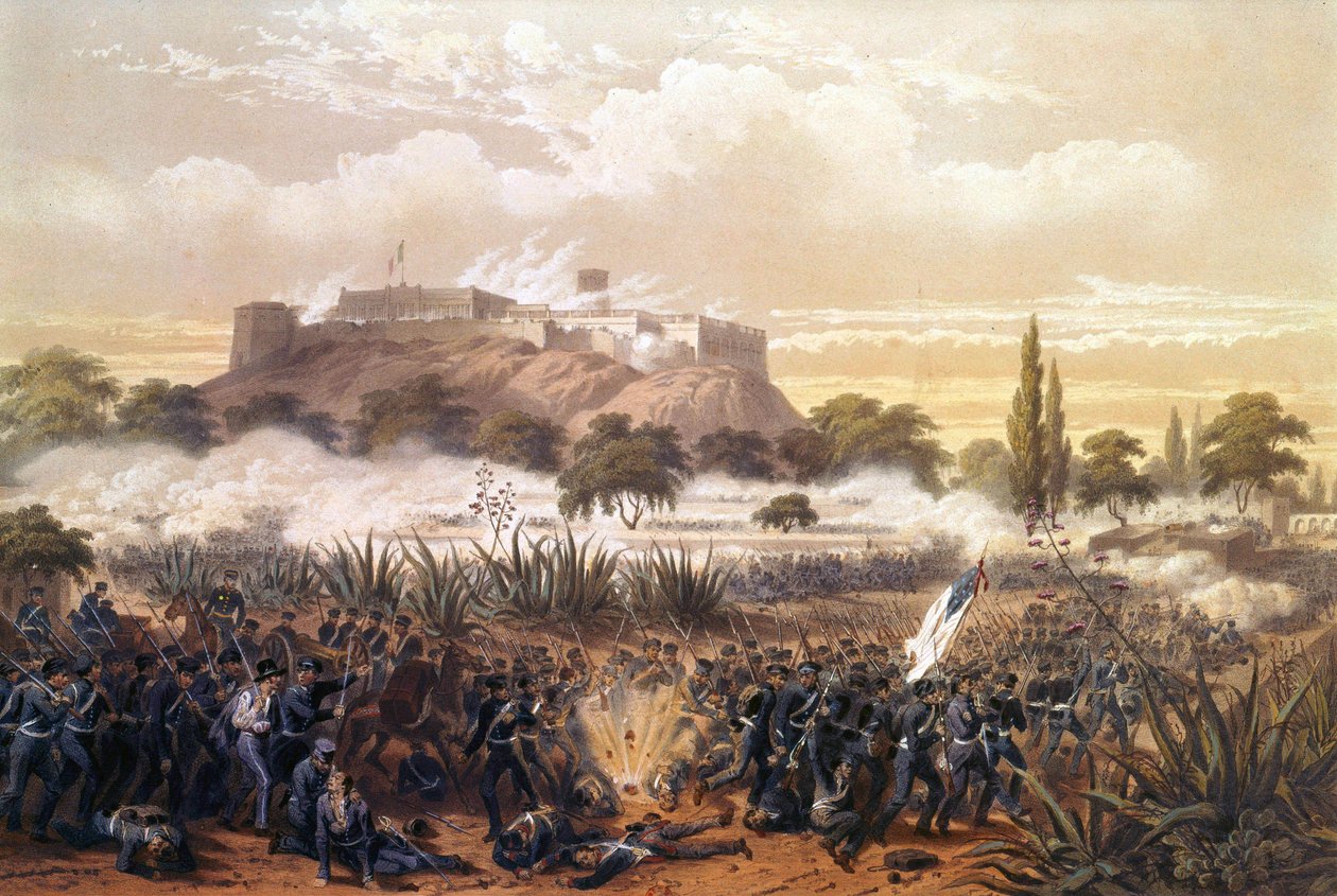 Assault of Chapultepec i september 1847 under kriget mellan USA och Mexiko. Gravyr från 1850. av Unknown artist