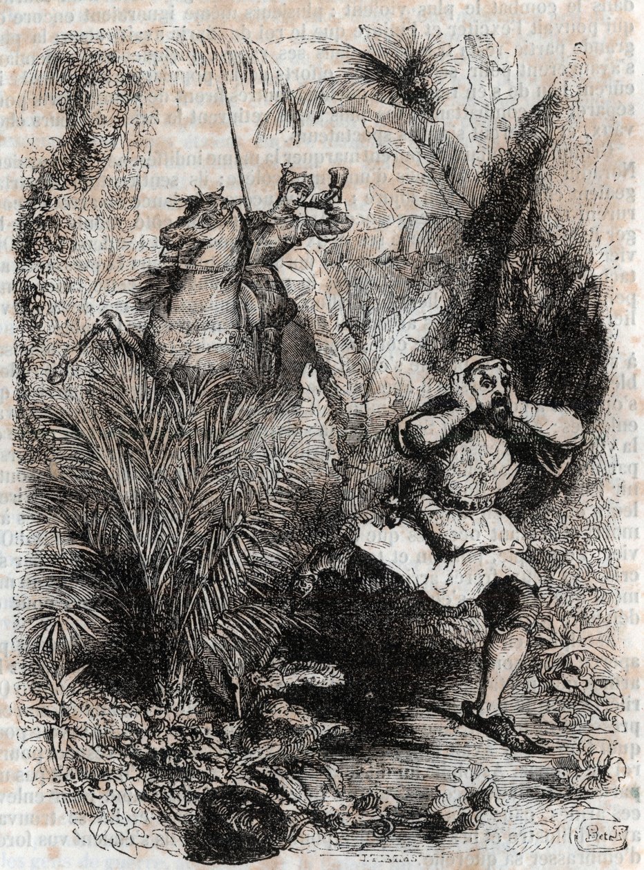 Astolphe får Caligorant att fly - 1851 gravyr från "" Furious Roland"" (Orlando furioso) (1500-talet) av Ludovico Ariosto, känd som Ariosto - Edition översatt från italienska av greven av Tressan och publicerad av Gustave Harvard 1851 av Unknown artist