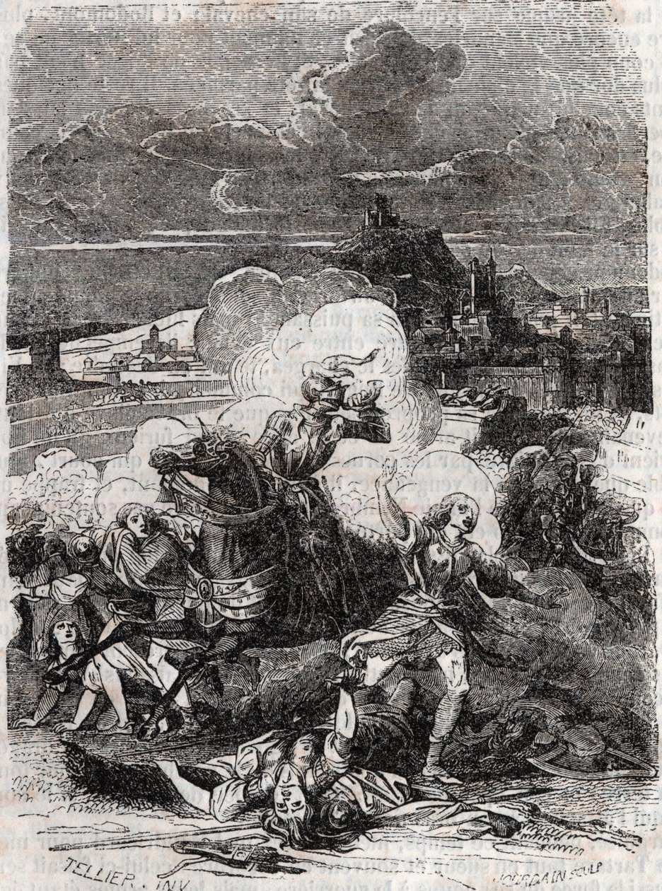 Astolphe får mordkvinnor att fly - 1851 gravyr från "" Furious Roland"" (Orlando furioso) (1500-talet) av Ludovico Ariosto, känd som Ariosta - Edition översatt från italienska av greven av Tressan och publicerad av Gustave Harvard 1851 av Unknown artist